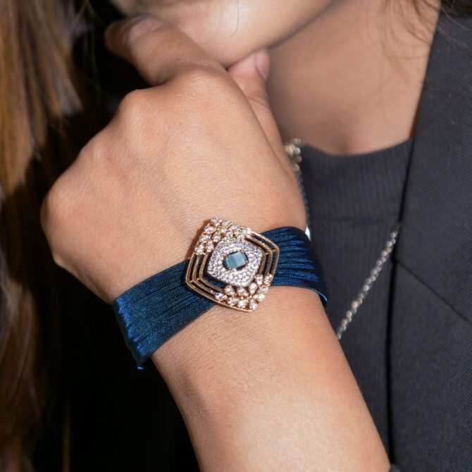 Samriddhi-Royal Blue Deco Glamour Cuff with Centerpiece Jewel